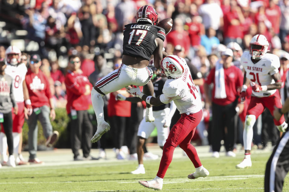 Jacksonville State safety Jeremiah Harris (14) is called for pass interference against South Carolina wide receiver Xavier Legette (17) during the second half of an NCAA college football game on Saturday, Nov. 4, 2023, in Columbia, S.C. (AP Photo/Artie Walker Jr.)