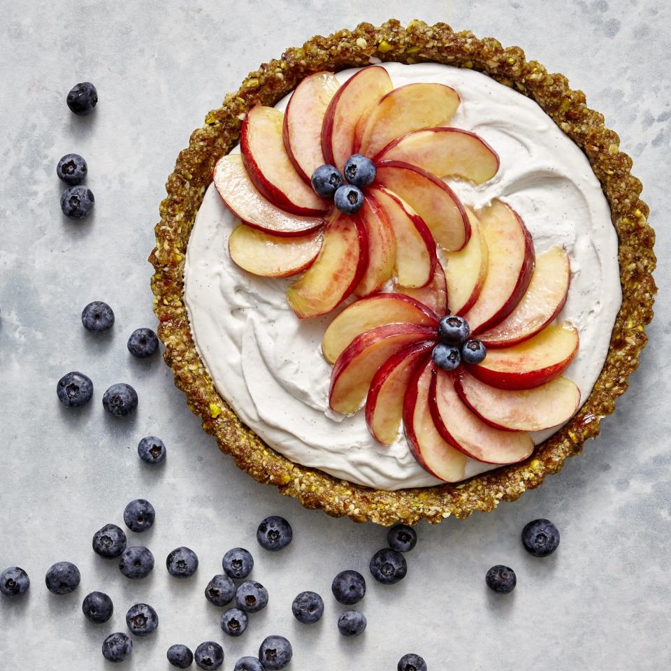 Vegan Coconut Cream Tart with White Peaches and Blueberries