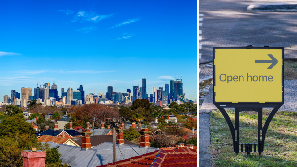Image of Melbourne property and city skyline and open home sign. 