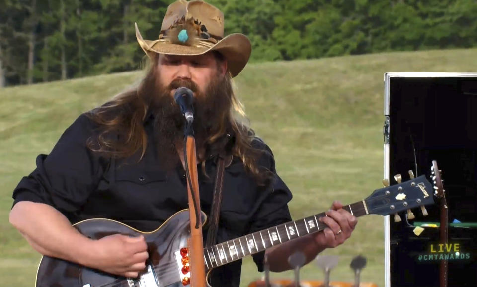 In this video image provided by CMT, Chris Stapleton performs "Arkansas" at the CMT Music Awards, airing on Wednesday, June 9, 2021. (CMT via AP)