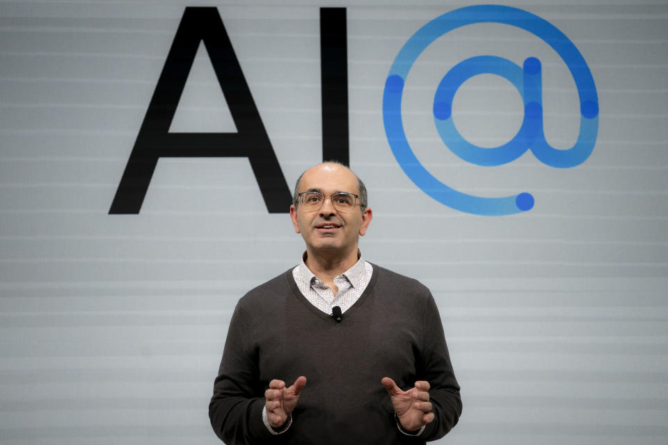 FILE - Zoubin Ghahramani, vice president of research at Google, speaks at the Google AI@ event at their offices on Manhattan's west side, Wednesday, Nov. 2, 2022, in New York. Google has been cautious about who gets to play with its AI advancements despite growing pressure for the internet giant to compete more aggressively with rival Microsoft. (AP Photo/John Minchillo, File)