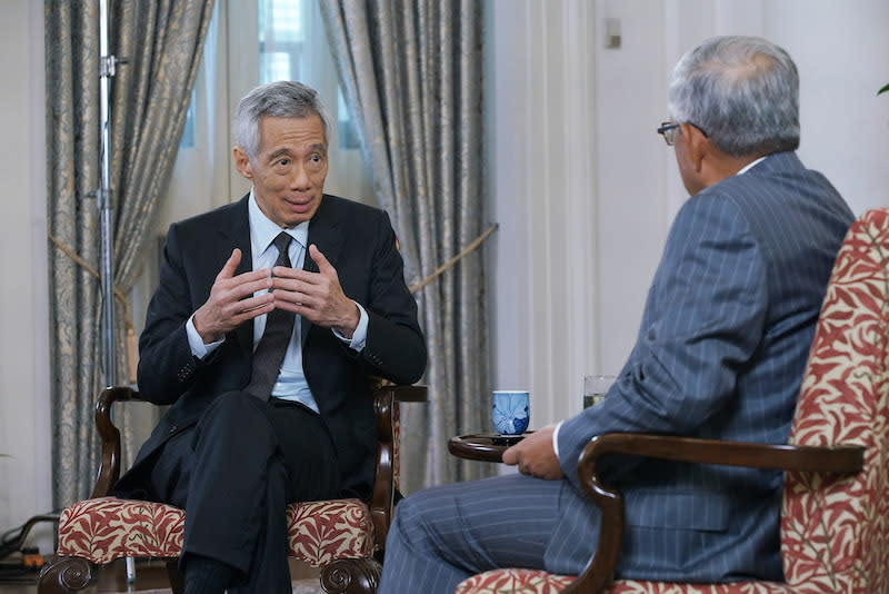 Prime Minister Lee Hsien Loong with Ho Meng Kit, CEO of the Singapore Business Federation, at the recording for the APEC CEO Dialogues 2020      