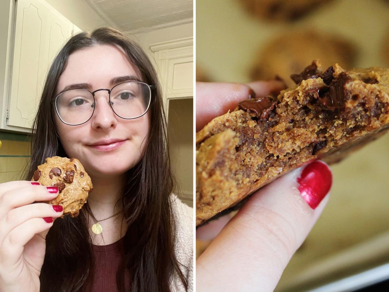 author holding up cookie and a close up of chocolate chip cookie