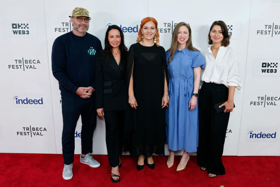 NEW YORK, NEW YORK - JUNE 09: (L-R) Liev Schreiber, Laura Warner, Anna Neistat, Chelsea Clinton and Solomila Stasiv attend the "The Crane's Call" premiere during the 2024 Tribeca Festival at SVA Theater on June 09, 2024 in New York City. (Photo by John Lamparski/Getty Images for Tribeca Festival)