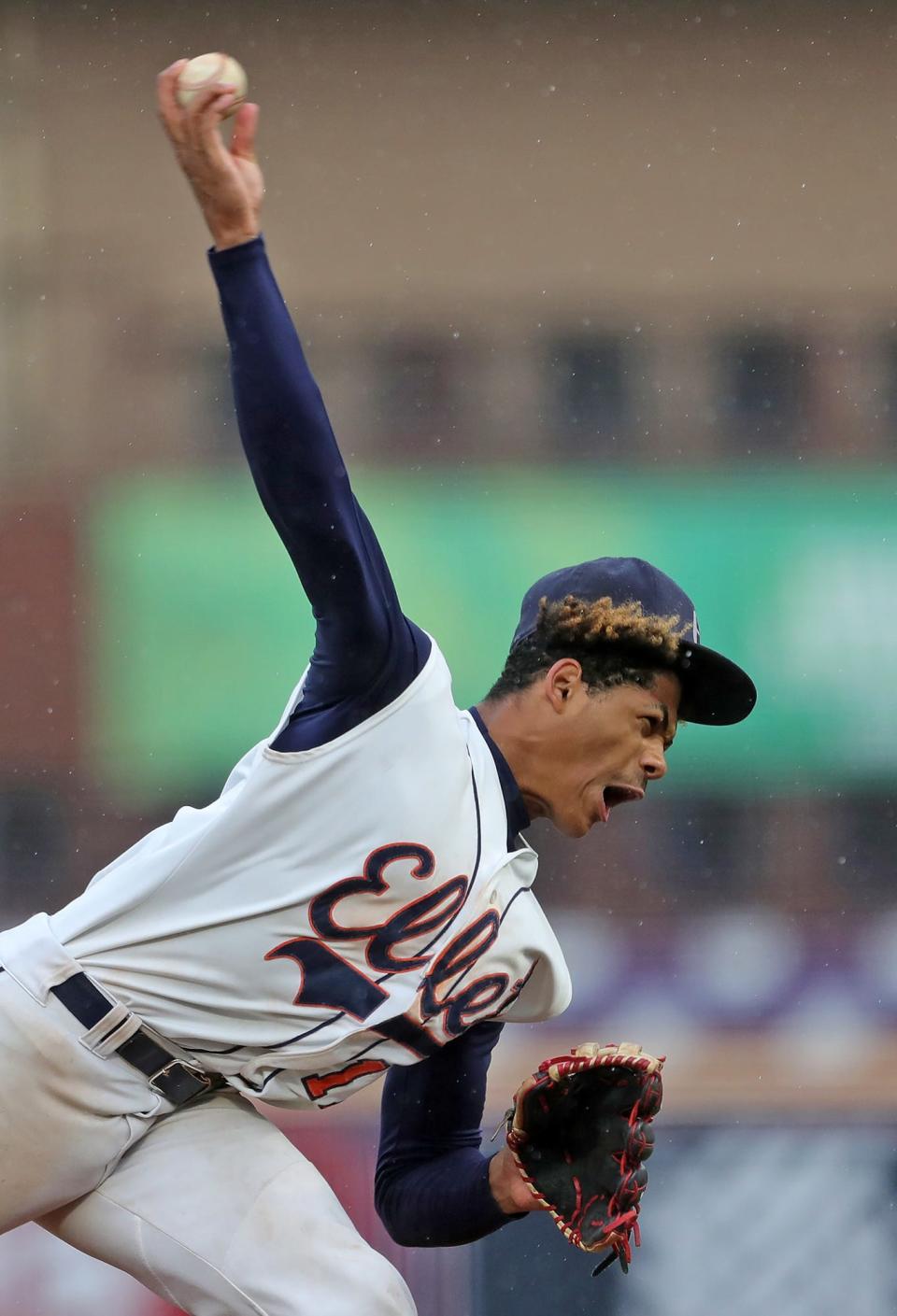 Ellet pitcher Cameron Allen throws against Firestone during the seventh inning of the City Series baseball championship at Canal Park on Wednesday. Ellet won 3-2.