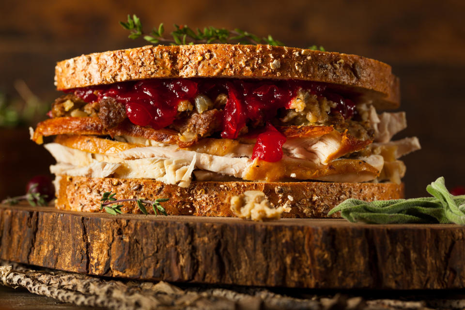 Homemade Leftover Thanksgiving Sandwich with Turkey, Cranberries and Stuffing