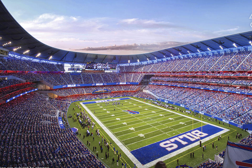 FILE - This artist rendering provided by the Buffalo Bills, on Thursday, March 2, 2023, shows the team's proposed new National Football League stadium in Orchard Park, N.Y. Get the shovels out, because the Buffalo Bills can finally begin breaking ground on their 60,000-plus seat, $1.54 billion new stadium after the project received unanimous approval from the Erie County legislature on Thursday, May 4, 2023. (Courtesy of Buffalo Bills via Populous, via AP, File)