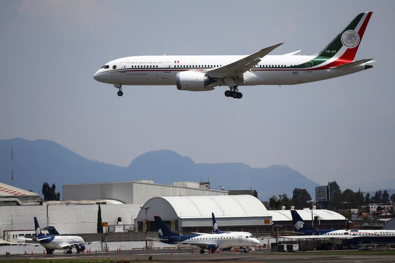 Mexico's presidential plane, which President Andres Manuel Lopez Obrador is selling, lands at Benito Juarez international airport during its return from California, in Mexico City