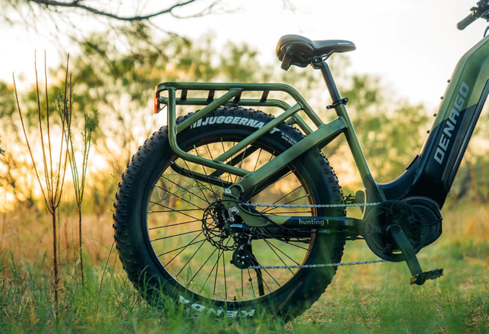 The frame-welded rear rack and heavy hauling mounts are next-level features for hunters.<p>Denago Ebikes</p>
