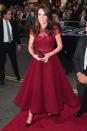 <p>In a red Marchesa dress, pumps and clutch at the opening of '42nd Street' at the West End.</p>