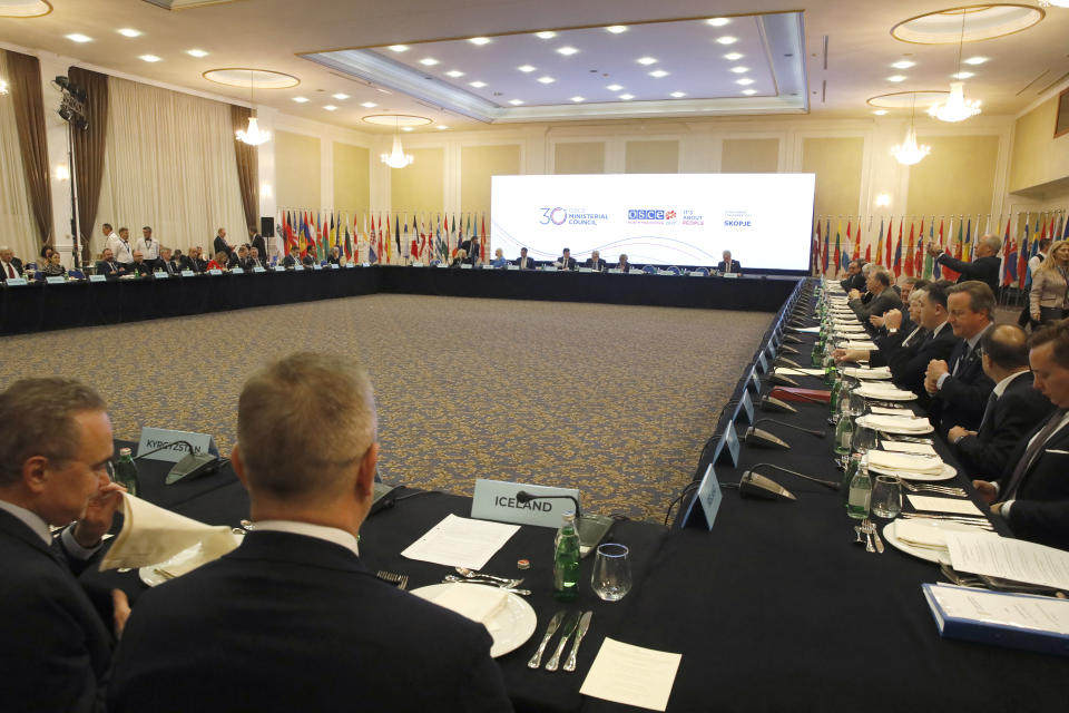 A view of a meeting of foreign ministers and officials of OSCE (Organization for Security and Co-operation in Europe) member countries in Skopje, North Macedonia, on Wednesday, Nov. 29, 2023. (AP Photo/Boris Grdanoski)