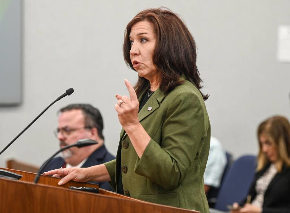 Reedley City Manager Nicole Zieba speaks to the Fresno County Board of Supervisors about the Chinese-owned company under investigation for operating illegally in a Reedley warehouse, during a presentation on Tuesday, Aug. 8, 2023.