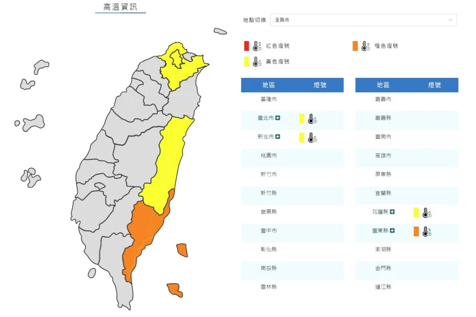 高溫資訊。（圖取自中央氣象署網站）