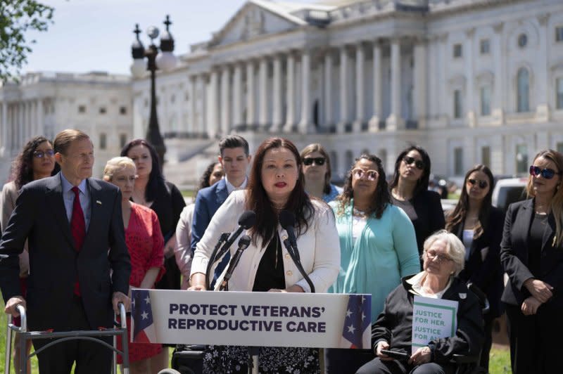 Sen. Tammy Duckworth, D-Ill., speaks during a press conference on veterans' reproductive rights at the U.S. Capitol in April 2023. Duckworth, who has used IVF for two of her children, is challenging Senate Republicans to block unanimous consent passage of her bill that would protect IVF nationwide. File Photo by Bonnie Cash/UPI