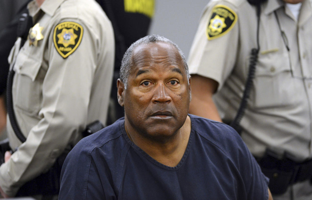 O.J. Simpson sits during a break on the second day of an evidentiary hearing in Clark County District Court in Las Vegas on May 14, 2013. (Ethan Miller / AP file)