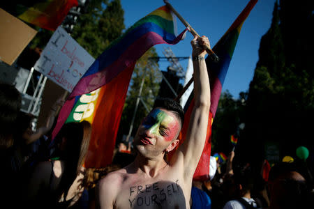 A participant is pictured at a Gay Pride parade in Athens, Greece June 9, 2018. REUTERS/Costas Baltas