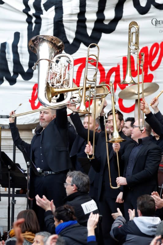 Paris Opera musicians perform against pension reform plans in Paris