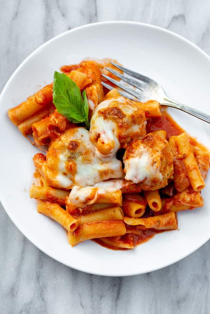 One Pan Meatball and Ziti Casserole