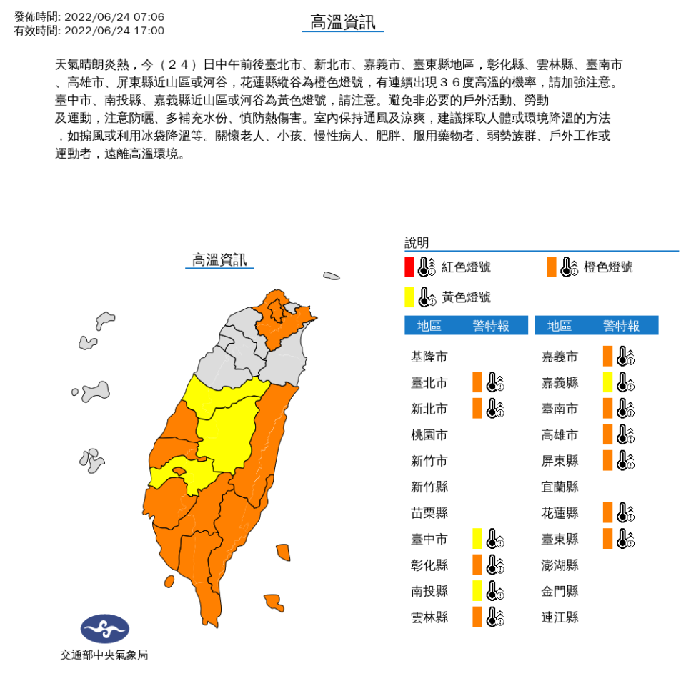 13縣市亮起高溫燈號，請民眾注意。   圖：中央氣象局/提供