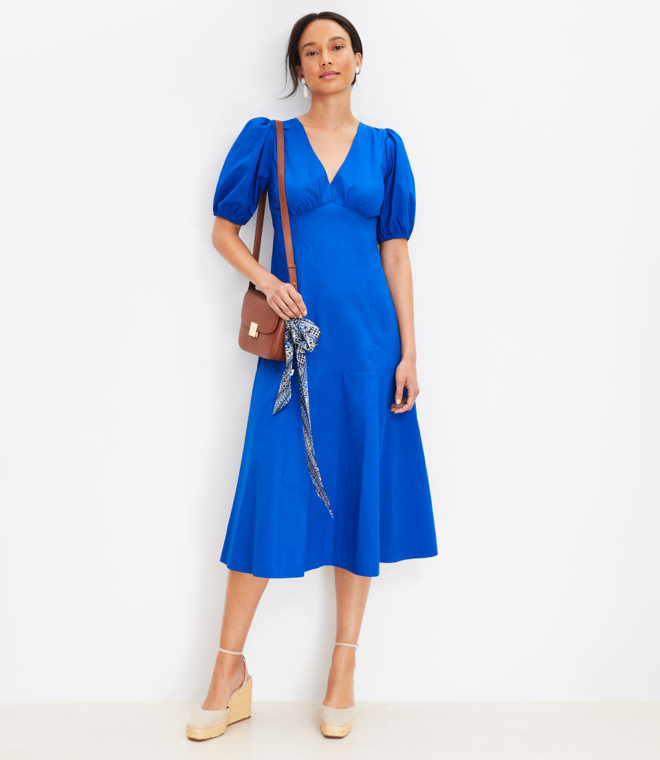 LOFT Poplin Tie Back Puff Sleeve Midi Dress, one of the wedding guest dresses for women over 50