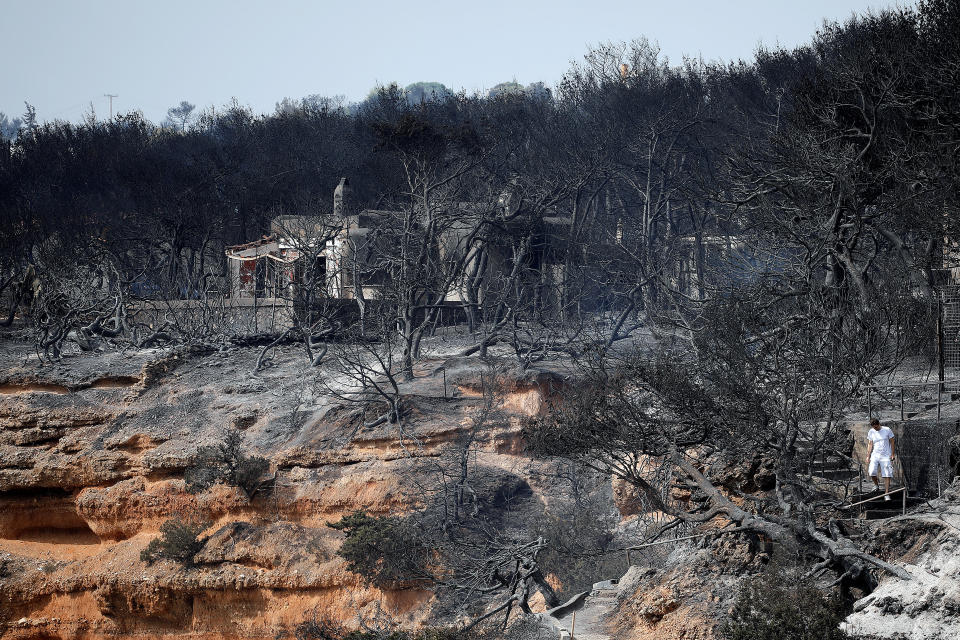 <p>A local walks on a burnt slope following a wildfire at the village of Mati, near Athens, Greece, July 24, 2018. (Photo: Alkis Konstantinidis/Reuters) </p>