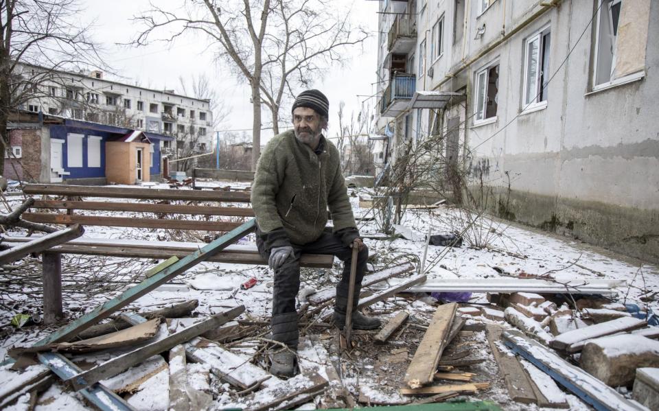 A local civilian in Ocheretyne, a village near the Avdiivka district, recently claimed by Russian troops in Donbas