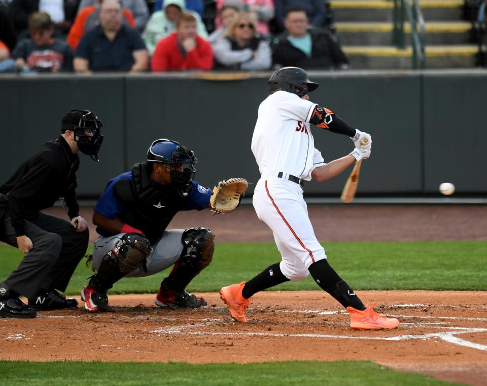 In this file photo, Delmarva Shorebirds' Jackson Holliday (7) makes contact against the Cannon Ballers Tuesday, April 11, 2023, at Perdue Stadium in Salisbury, Maryland. Over $500,000 in state funding was approved for updates to the Salisbury stadium on Oct. 4, 2023.