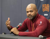 Cleveland Cavaliers head coach J.B. Bickerstaff speaks with reporters during a news conference introducing Cavs first round draft choice Evan Mobley at the Cavaliers training facility in Independence, Ohio, Friday, July 30, 2021. Mobley was the third selection of the draft. (AP Photo/Phil Long)