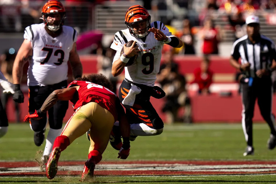 “Explosiveness and acceleration were a big focus of mine in the offseason. I just hadn’t been able to show that too much (because of the calf injury)," Joe Burrow said of his mobility Sunday. Albert Cesare/The Enquirer