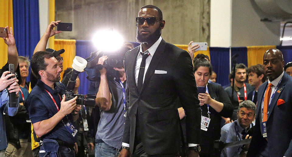 LeBron James arrives to Game 1 of the NBA Finals.