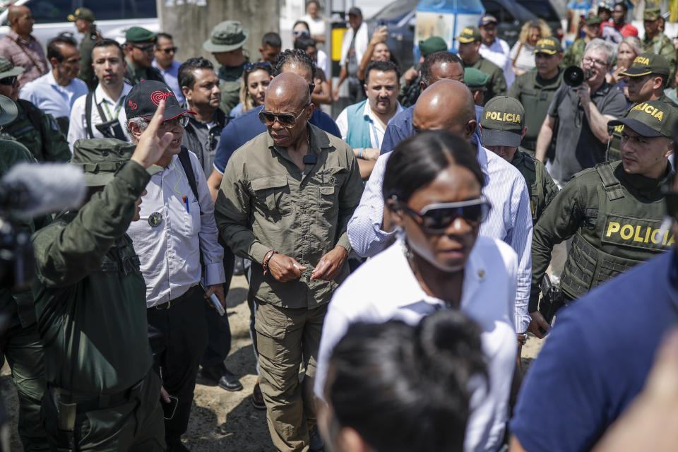 New York City Mayor Eric Adams arrives to Necocli, Colombia, Saturday, Oct. 7, 2023. Adams has capped off a four-day trip to Latin America with a visit to the northern Colombian city where thousands of migrants start the trek across the Darien jungle, as they head to the United States. (AP Photo/Ivan Valencia)