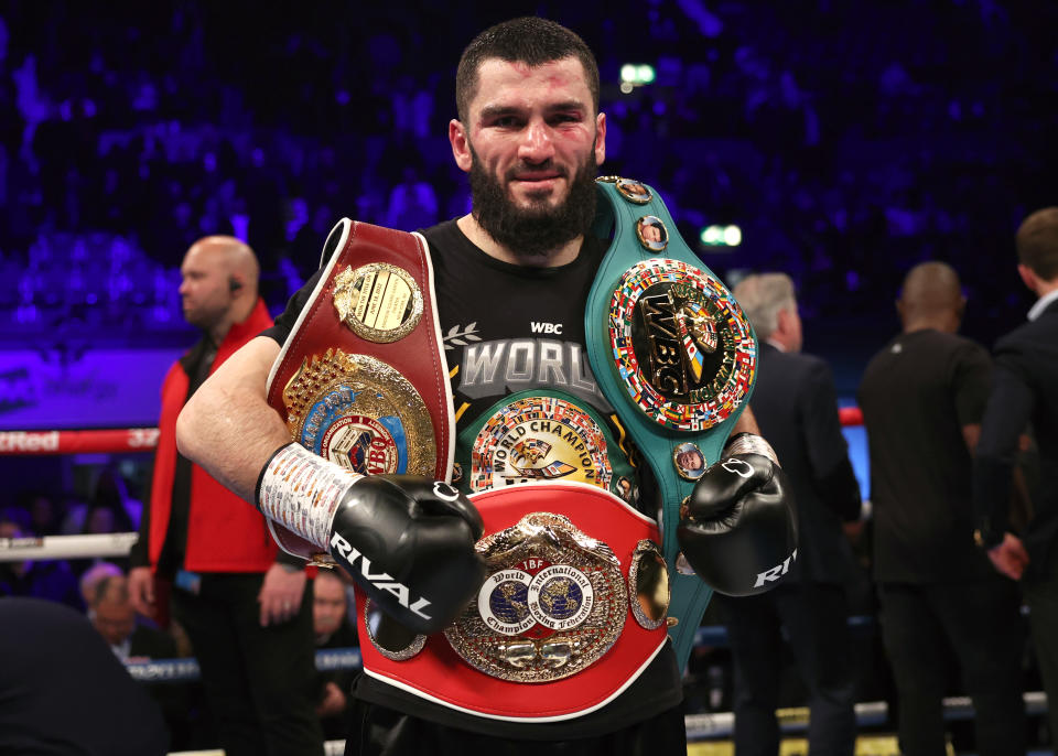 LONDON, ENGLAND - JANUARY 28: Artur Beterbiev celebrates after defeating Anthony Yarde during their WBC, IBF and WBO light heavyweight Championship fight at OVO Arena Wembley on January 28, 2023 in London, England. (Photo by Mark Robison/Top Rank Inc via Getty Images)