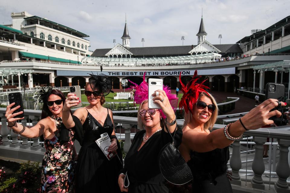 The new paddock was a popular place for race fans to take selfies like this Western Kentucky group of women. From left, Holly Graves, Heather Garrett, Sierra Coulter and Whitney Duvall snapped a photo on opening night of the spring meet at Churchill Downs Saturday. April 27, 2024