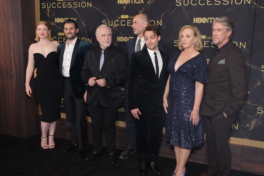NEW YORK, NEW YORK – OCTOBER 12: Sarah Snook, Arian Moayed, Brian Cox, Jesse Armstrong, Kieran Culkin, J. Smith-Cameron and Alan Ruck attend the HBO’s “Succession” Season 3 Premiere at American Museum of Natural History on October 12, 2021 in New York City. (Photo by Theo Wargo/Getty Images)