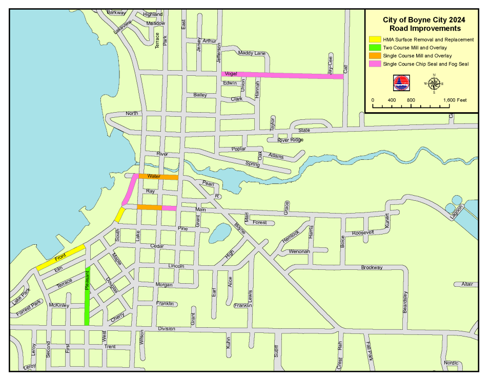 A map showcasing the locations of the 2024 road improvements in Boyne City.