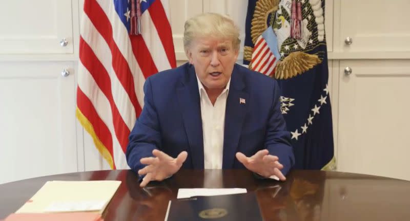 U.S. President Donald Trump, who is being treated for the coronavirus disease (COVID-19) in a military hospital outside Washington, makes announcement via video