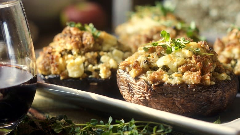 stuffed mushrooms with wine glass