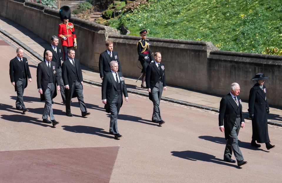 King Charles III, Prince William, and Prince Harry at the funeral of Prince Philip on April 17, 2021.