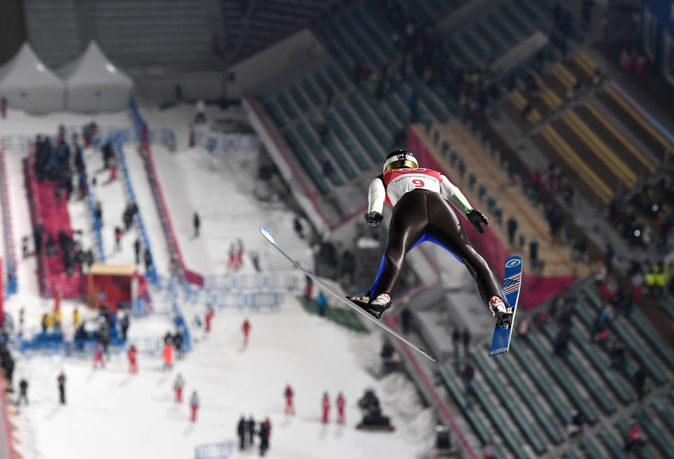 USA’s Michael Glasder competes in the men’s normal hill individual ski jumping trial qualifying event during the Pyeongchang 2018 Winter Olympic Games. (Getty Images)