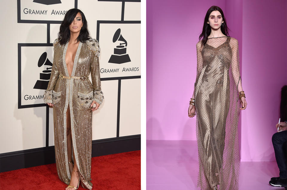 Selfie-Queen Kim Kardashian wäre letztes Jahr anscheinend am liebsten im Bett geblieben, anstatt zu den Grammys zu gehen. Jedenfalls wirkte ihr Kleid von Jean Paul Gaultier wie ein goldener Bademantel. Um so einen Styling-Fauxpax zu vermeiden, sollte sie dieses Mal zu Givenchy greifen. Der Luxusfarbe Gold kann sie bei diesem Kleid weiterhin treu bleiben und sieht dabei noch ganz ausgeschlafen aus. (Bild-Copyright: Getty Images)