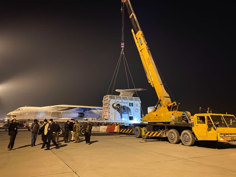 A crane lifts a crate carrying Kaavan, an elephant to be transported to a sanctuary in Cambodia, at the Islamabad International Airport in Islamabad