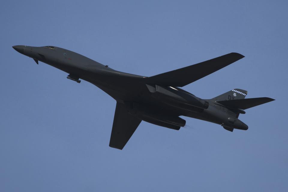 A U.S. Air Force supersonic B-1 bomber flies at the Dubai Air Show in Dubai, United Arab Emirates, Monday, Nov. 13, 2023. Long-haul carrier Emirates opened the Dubai Air Show with a $52 billion purchase of Boeing Co. aircraft, showing how aviation has bounced back after the groundings of the coronavirus pandemic, even as Israel's war with Hamas clouds regional security. (AP Photo/Jon Gambrell)