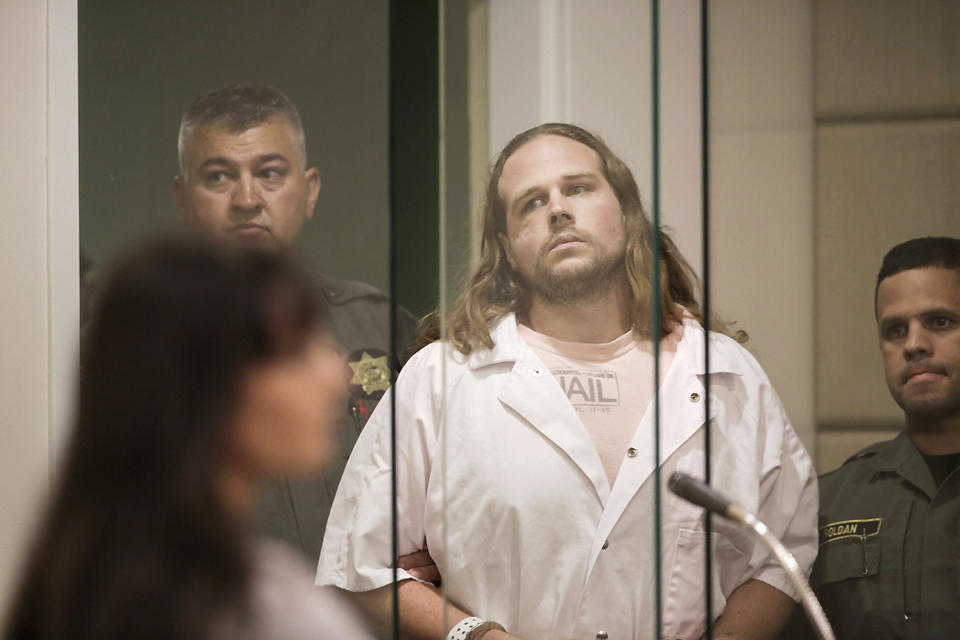 FILE - In this June 7, 2017 file photo, Jeremy Christian appears in court at Multnomah County Circuit Court in Portland, Ore. Christian, charged with fatally stabbing two men who authorities say confronted him during a racist rant on a Portland, Oregon light-rail train, goes to trial Tuesday, Jan. 21, 2020, two years after the killings that plunged this liberal city into months of soul-searching. (Stephanie Yao Long/The Oregonian via AP, Pool, File)