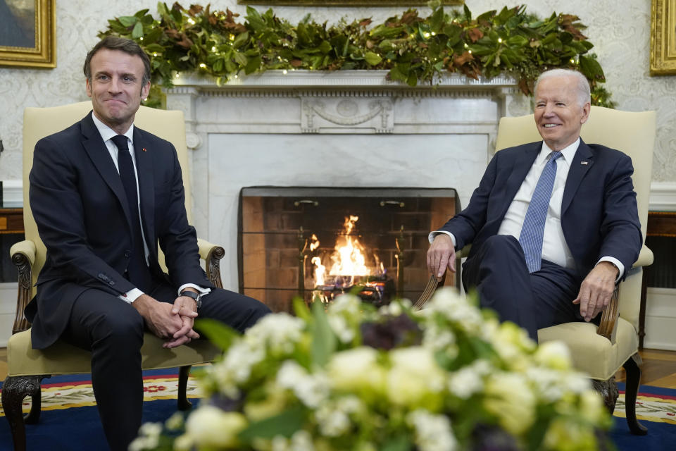 President Joe Biden meets with French President Emmanuel Macron in the Oval Office of the White House in Washington, Thursday, Dec. 1, 2022, during a State Visit. (AP Photo/Andrew Harnik)