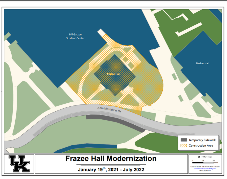 Renovations on Frazee Hall at the University of Kentucky are scheduled to be completed later this year. Parts of campus around the building remain closed while construction is completed.