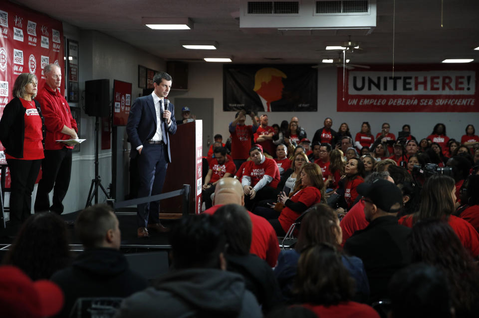 Democratic presidential candidate South Bend Mayor Pete Buttigieg speaks at a culinary workers union hall Saturday, Jan. 11, 2020, in Las Vegas. (AP Photo/John Locher)