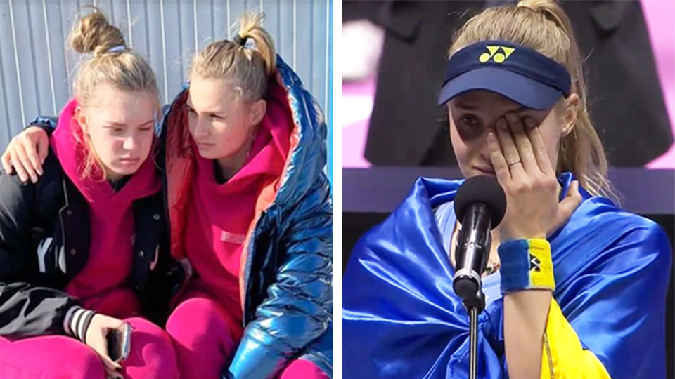 Dayana Yastremska (pictured left) hugging her sister after fleeing Ukraine and (pictured right) crying during the Lyon Open.