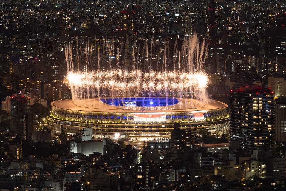 <p>Fireworks are displayed over the Olympic Stadium during the closing ceremony of the Tokyo Olympics on August 8, 2021 in Tokyo, Japan. (Photo by Carl Court/Getty Images)</p> 