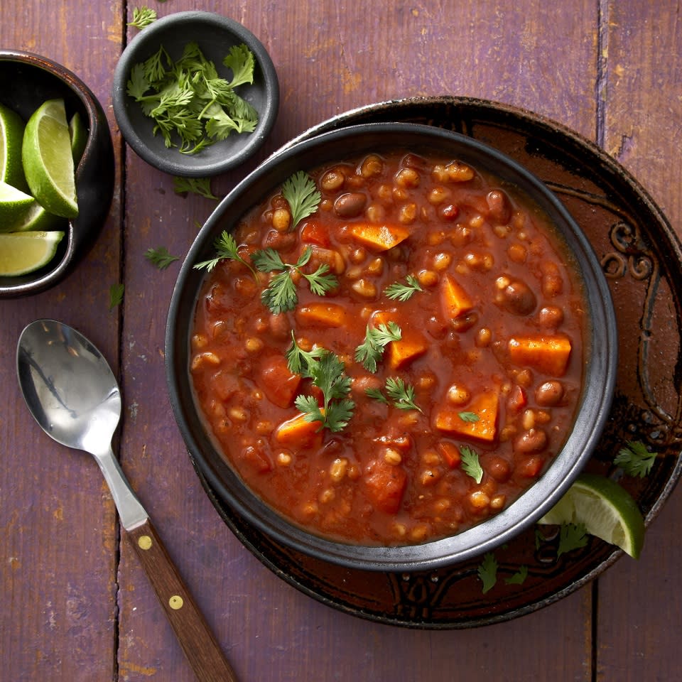 <p>If you're ready for something different, try this hearty slow-cooked chili made with sweet potato, pearled barley, and red beans.</p>