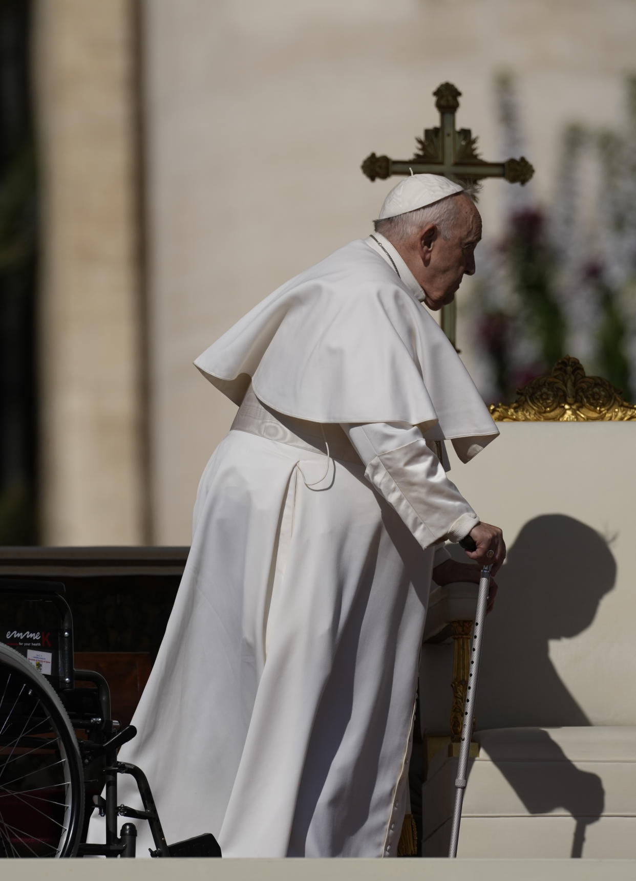 Pope Francis arrives in St. Peter's Square at The Vatican where he will celebrate the Easter Sunday mass, Sunday, April 9, 2023. (AP Photo/Alessandra Tarantino)